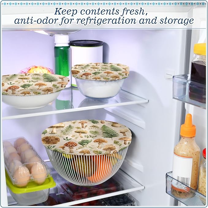 5 Pcs Bowl Covers Reusable in 5 Size Elastic Food Cover Cloth Lids Fresh Keeping Dish Cookware Bakeware Fabric Covers Lids for Food Leftovers Fruits Storage Watercolor Mushrooms Leaves Beige