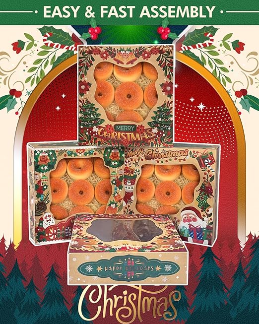 qiqee Christmas Kraft Pie Boxes with Window 10x10x2.5 inch 30Packs Cookie Donut Bakery Box