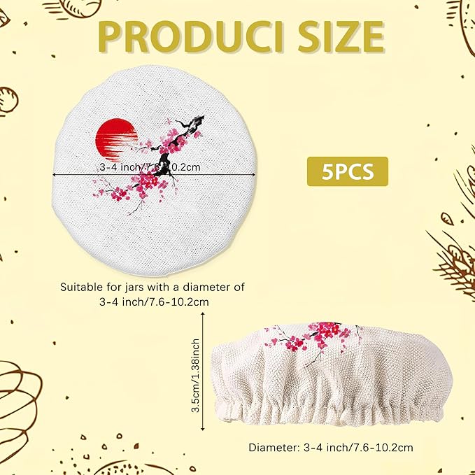 Cherry Blossom Japanese Painting Sourdough Starter Jar Covers Reusable,Breathable Fabric Lids for Mason Jars,Wide Mouth and Regular Mouth(5 Pack)