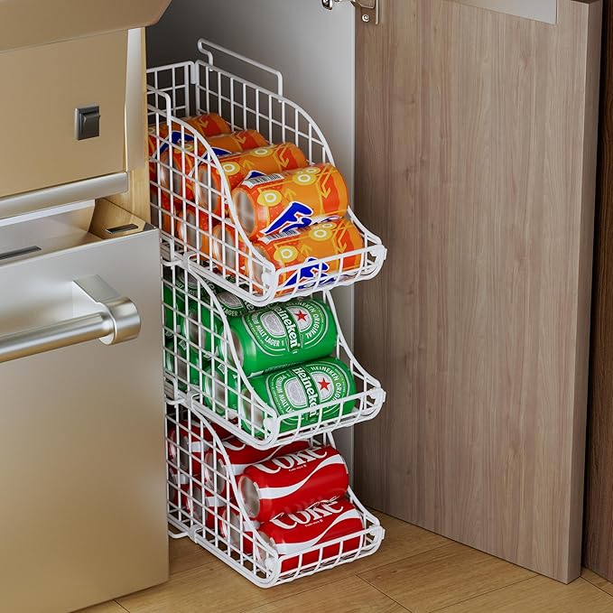 Stackable Pantry Can Dispenser Baskets 3-Pack, Standing Beverage Drink Pop Soda Can Storage Organizer Bin with Handles, Foldable Canned Food Holder for Kitchen Countertop Cabinet White
