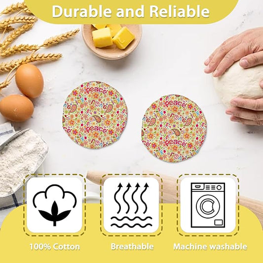 Colorful Flowers Peace Love Cloth Covers for Sourdough Starter Jar,Reusable Lid Top Cover Bread Fermentation Baking Supplies for 3-4 Inch Jar Mouth