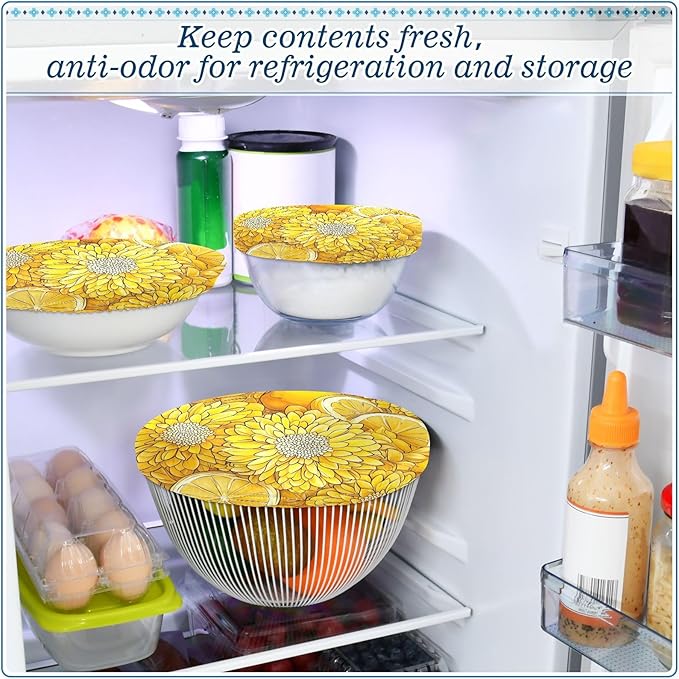 5 Pcs Bowl Covers Reusable in 5 Size Elastic Food Cover Cloth Lids Fresh Keeping Dish Cookware Bakeware Fabric Covers Lids for Food Leftovers Fruits Storage Cartoon Yellow Chrysanthemum Flo