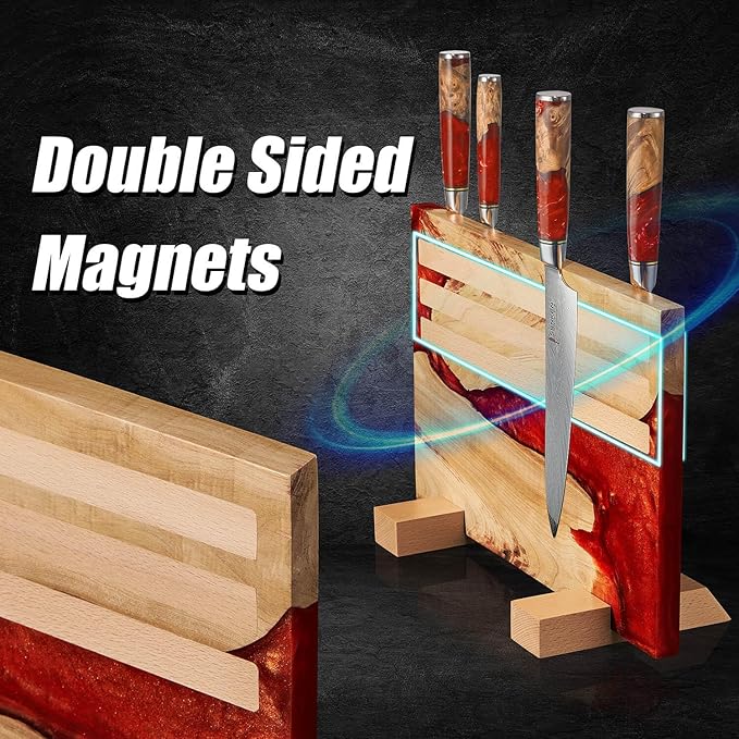 SENKEN "Red Tsunami" Extra Large Magnetic Knife Block - Holds Up to 16 Knives - Knife Block without Knives, Universal Knife Holder, Beautiful Red Resin & Natural Wood Blend ("Crimson" Red Resin Blend)