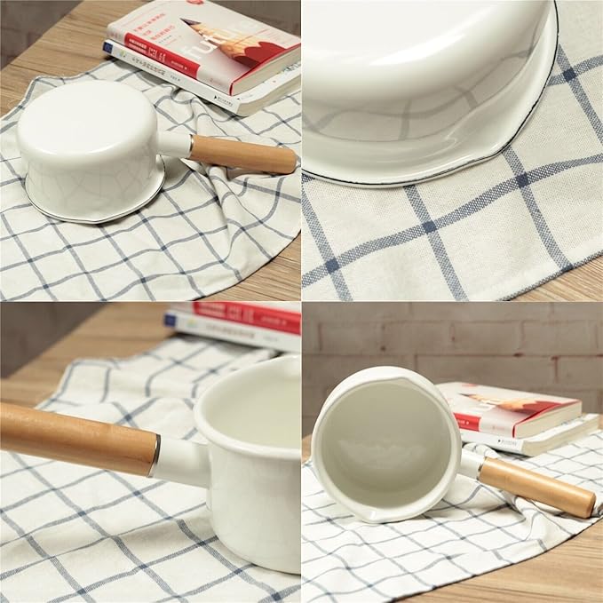 Enamel Milk Pan with Dual Pour Spout Butter Warmer Milk Pot for Stove Top Healthy White Enameled Inside Coating Iron 1QT Small Soup Pot with Wooden Handle (White)