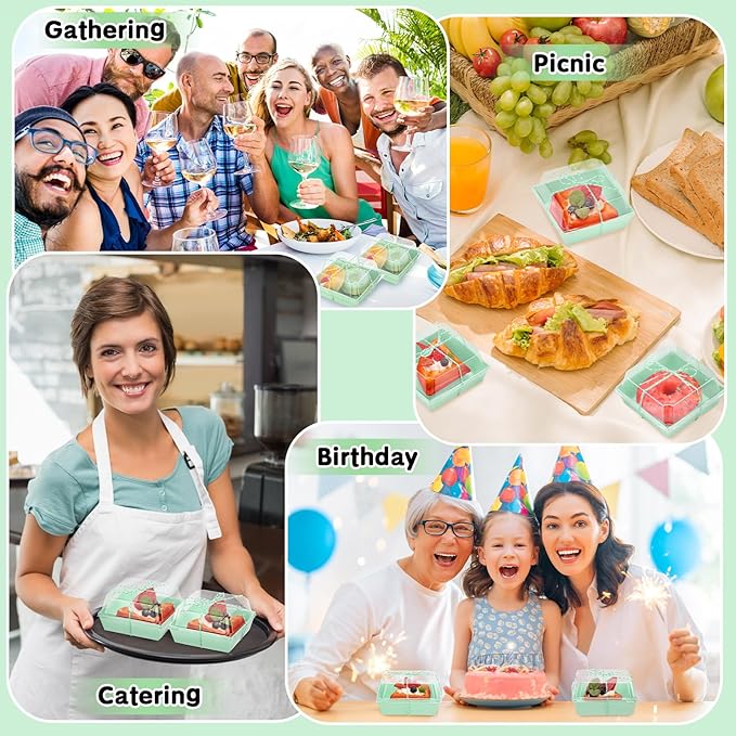 Ctosree 100 Pcs Paper Charcuterie Boxes with Clear Lids 4.5 Inches Disposable Cake Square Dessert Container Bakery Boxes Bundle with Rope for Food Cake Slice Cookie Sandwich Dessert(Light Green)