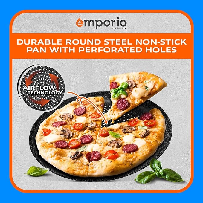 Non-Stick Pizza Pan 2 Pack – 16 Inch Round Carbon Steel Pizza Tray with Perforated Holes, PFOAPFOSPTFE-Free, Dishwasher & Oven Safe Up To 450°F, Durable Nonstick Gray Marble Coating