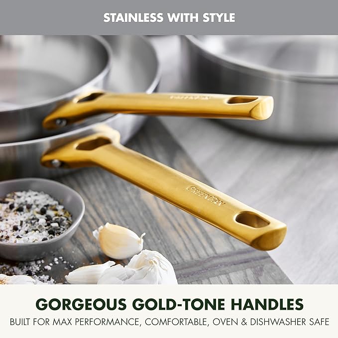 GreenPan Stainless Steel Tri-Ply Reserve 10” and 12” Frying Pan Skillet Set, Multiclad Cookware, PFAS-Free, Induction, Oven & Broiler Safe to 600°F, Heat Responsive Core, Dishwasher Safe, Gold Handles