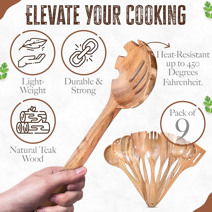 INTAJ Premium Teak Wooden Spoons for Cooking – 9-Piece Kitchen Utensils Set, Durable & Nonstick Safe, Eco-Friendly,Ergonomic Stir, Mix, Scrape & Serve – Ideal for Nonstick,Cast Iron & Ceramic Cookware