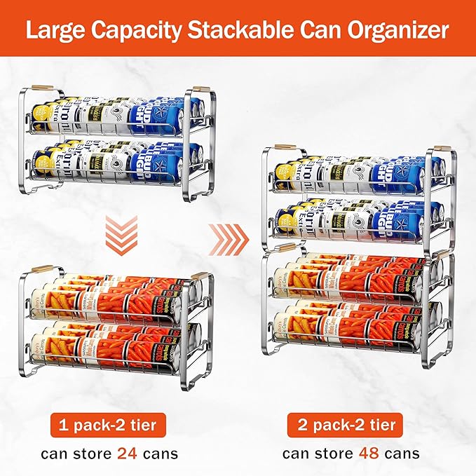 MAXIFFE 2-Tier Can Organizer for Pantry, 16.9"W × 11.5"D × 16.7"H, Stackable Metal Adjustable Hold 40 Cans Rack Storage Holder Dispenser for Soda Drinks Fruits, for Kitchen Countertop, 2 Pack Chrome
