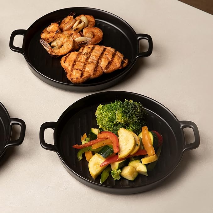 Bruntmor 10" X 6" Black Porcelain Set of 4 Serving Platters. Amazing lasagna pan with handle, Matte Glaze Baking Dish Dinner Plates, Oven Safe Serving Dishes, Round (Matte Glaze)