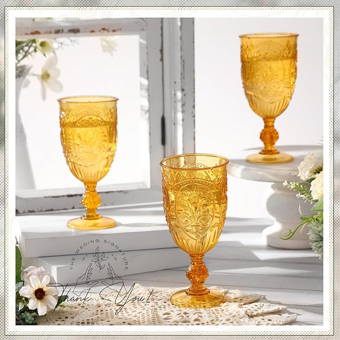 60 Pack Plastic Goblets 10oz Upgrade Vintage Water Goblet Plastic Wine Glasses Colored Retro Embossed Glassware for Party Wine Bar Juice Baby Shower Wedding Reception Grand (Amber)