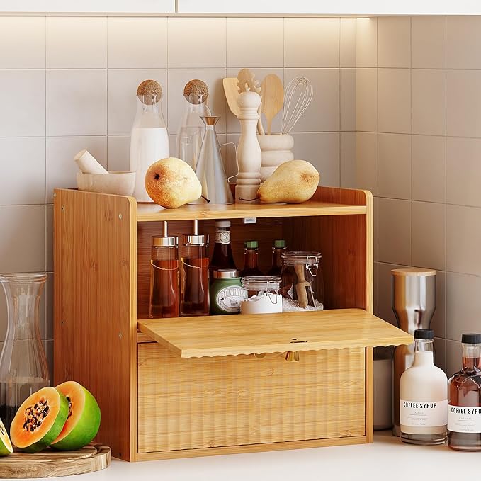 Rustic Bread Box for Kitchen Countertop Bamboo Bread Storage Container Bin Double Layer BreadBox Farmhouse Large Capacity Food Organizer (Natural Bamboo)