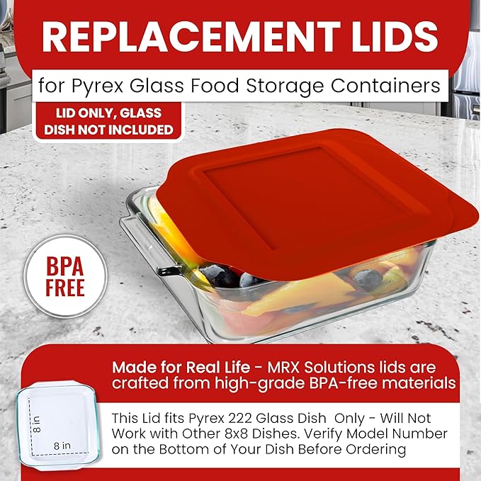 Replacement Lid for Pyrex 2-Quart 8" x 8" Glass Baking Dish #222, Compatible with Lid #222-PC, Food Storage Container Cover with Flush Tab Handles (Red)