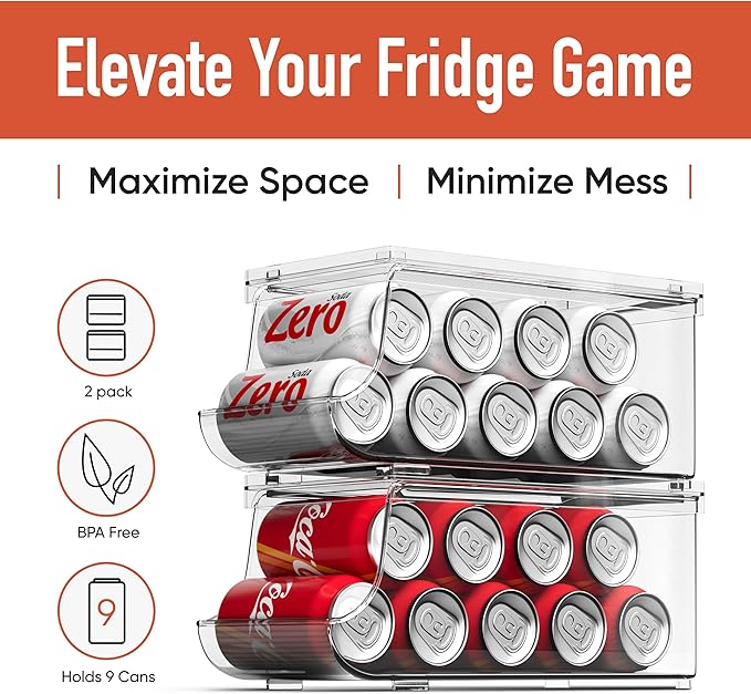 Set of 2 Stackable Drink Can Organizer for Fridge, Freezer, Kitchen, Countertops, Cabinets - Soft Drink Holder for Refrigerator with Lid, Soda Can Dispenser, BPA Free, Holds 9 Cans Each
