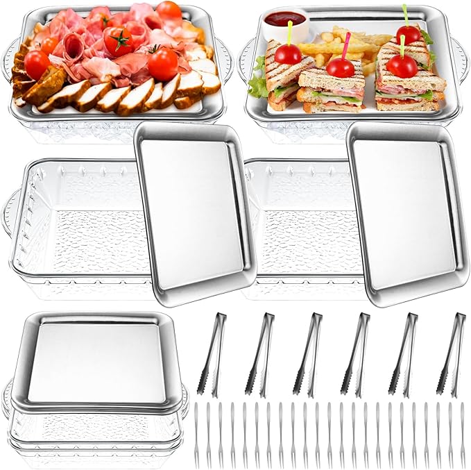 Baderke 6 Set 9" Chilled Serving Tray for Parties with Compartments Ice Chilled Party Platter Charcuterie Serving Board Cold Dish Dip with Forks Tongs for Fruit Seafood Vegetable Appetizer (Silver)
