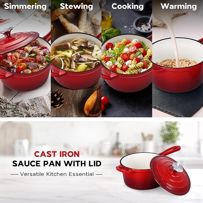 Onader Enameled Cast Iron Sauce Pan, 1QT Small Saucepan with Lid, Cast Iron Sauce Pot Enamel Dutch Oven, Nonstick & Heavy Duty – Red
