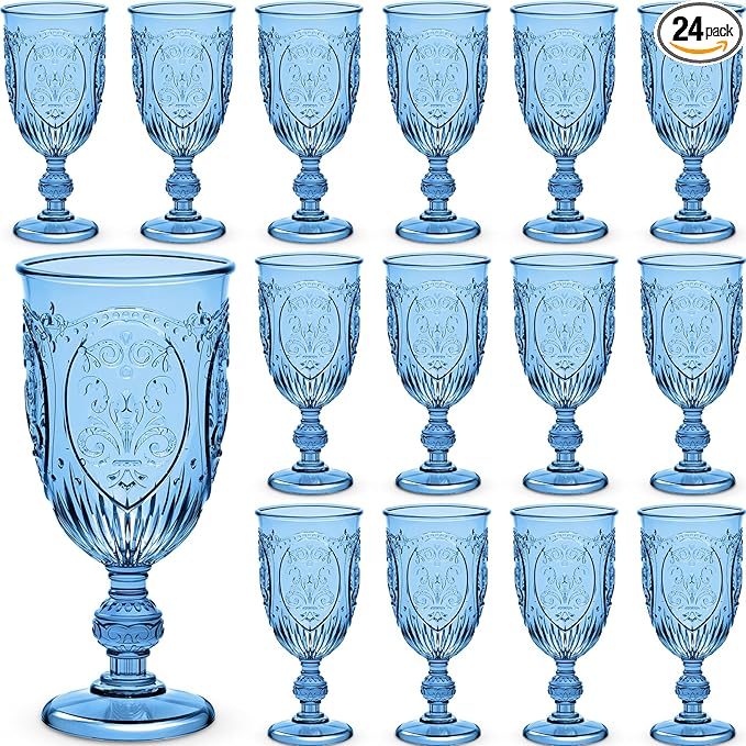 24 Pcs Plastic Goblets 7.5oz Vintage Goblet Plastic Wine Glasses Colored Retro Embossed Water Goblets for Wine Bar Juice Baby Shower Wedding Reception Grand Event Party (Royal Blue)