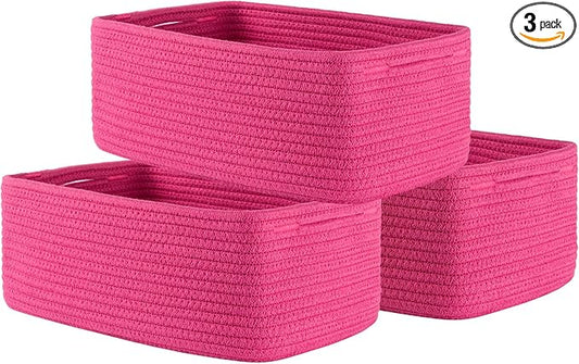 Small Woven Basket, 13.5 x 9.5 x 5 Inches, Storage Basket for Organizing, Cute Small Rope Shelf Closet Cube Storage Bins Baskets for Shelves, Dog Toy Gift Baskets Empty, 3 Packs, Hot Pink