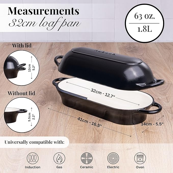 Enamelled Cast Iron Bread Loaf Pot – Dutch Oven For Sourdough Bread Baking – Oven Safe Non Stick Bread Pot – Rectangular, Black, 34cm x 16cm – by Nuovva