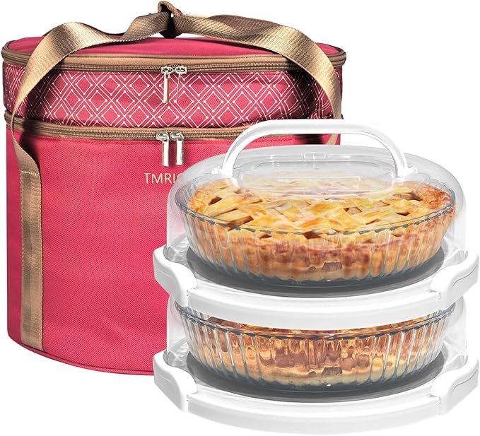 2 Pack Pie Carrier with Lids and Handles, Loadable Cupcake or Pizza Storage Containers, Includes Insulated Bags and Insulated Non-Slip Pads, Perfect for Transportation (Red)