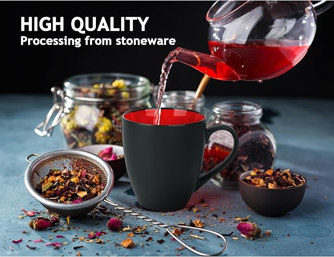 MIAMIO - Set of 6 Stoneware Coffee Mugs 12 Ounce/Cup Set - Le Papillon Collection (Black-Red)