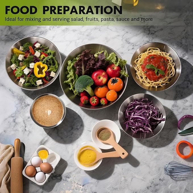 5-Piece Stainless Steel Mixing Bowls Set for Kitchen, Nesting Bowls for Mixing, Baking, Prepping, Cooking and Serving Food, Metal Mixing Bowls Dishwasher Safe