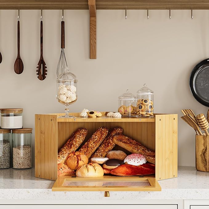 Corner Bamboo Bread Box for Kitchen Counter Large Capacity Rustic Bread Storage Container with Wavy Arcylic Transparent Door Vintage Storage for Homemade Bread (Natural Bamboo)