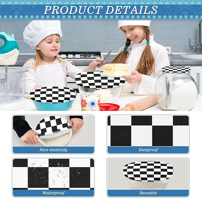 5 Pcs Bowl Covers Reusable in 5 Size Elastic Food Cover Cloth Lids Fresh Keeping Dish Cookware Bakeware Fabric Covers Lids for Food Leftovers Fruits Storage Checkered Black and White