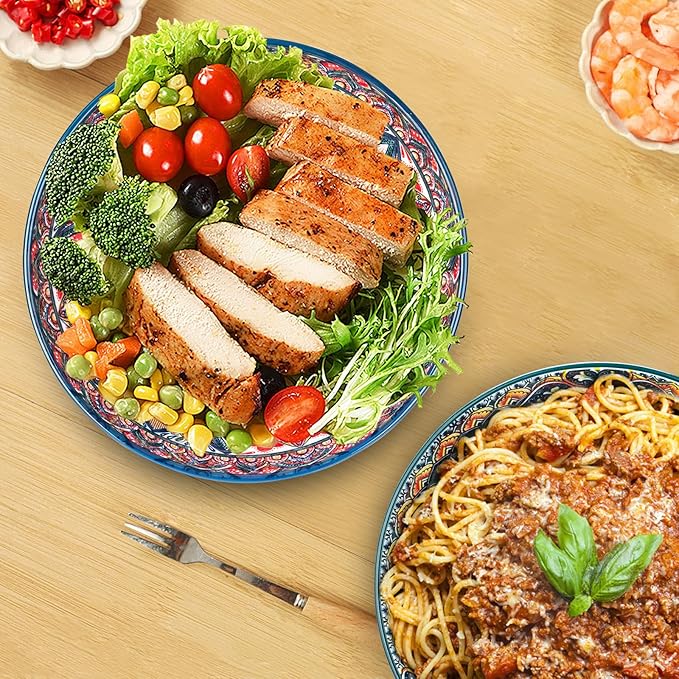 75 Oz Serving Bowls,Bohemian Style Large Porcelain Dishes for Entertaining Parties,Big Bowls for Eating Soup, Salad, Pasta, Fruit, Chips, 10.3 Inch Diameter (blue blue)