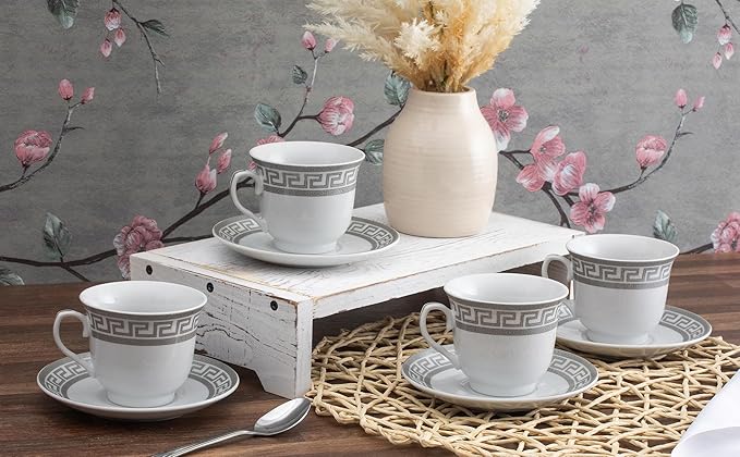 Luxurious Porcelain Tea Set - 8 Piece Vintage Tea Party Set - White with Silver Greek Key Design - 5.5 Inch Saucers, 6.5 oz Cups - For Every Day Use or Formal Occasions (Meander Silver 3008, 8 Piece)