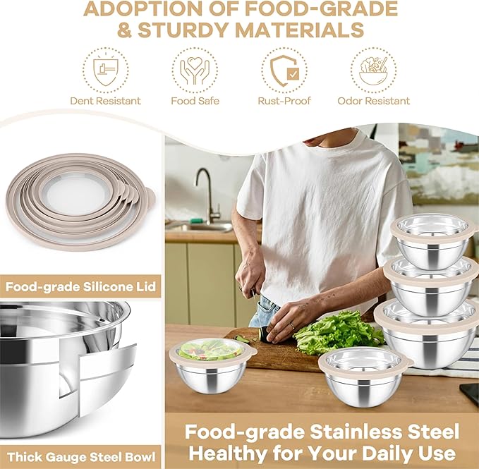 TeamFar Mixing Bowls, 4.5/3/1.5/1/0.7 QT Stainless Steel Nesting Salad Bowls with Visible Lids, For Serving/Mixing/Storing, Non-Toxic & Heavy Duty, Airtight & Easy Clean, Khaki, Set of 5