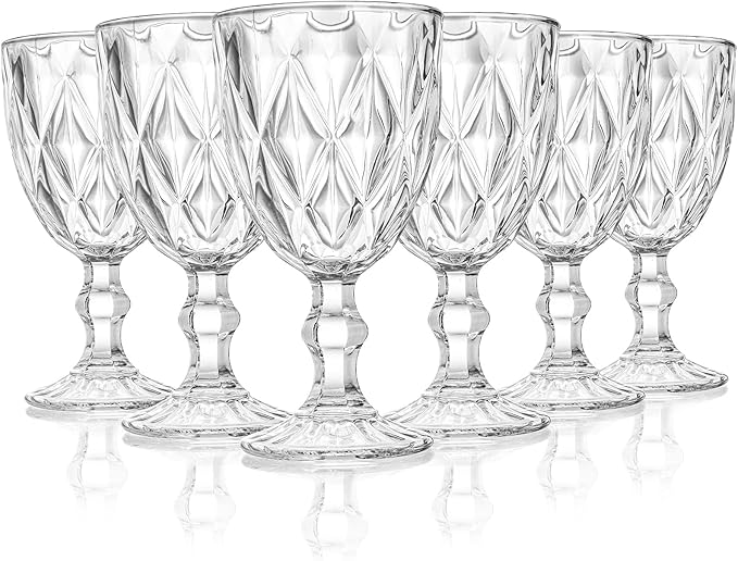 SOUJOY 6 Pack Glasses Goblet, 10oz Vintage Embossed Glass Cup, Beverage Stemmed Party Wine Glasses for Soda, Juice in Bars, Restaurants, Home
