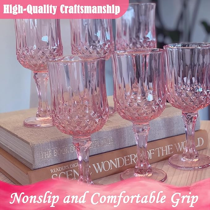 Plastic Wine Glasses，Plastic Goblets Vintage Style Cordial Drinking Glasses for Wedding Reception, Grand Event Party Supplies (48, Pink)