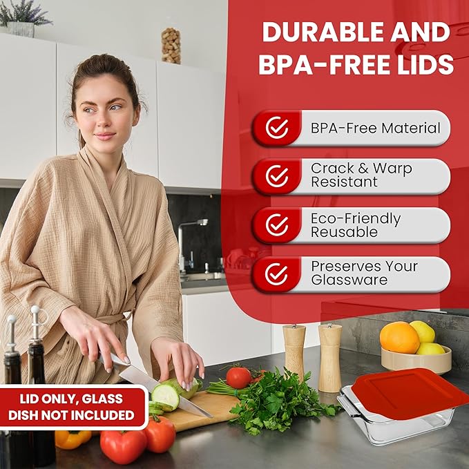 Replacement Lid for Pyrex 2-Quart 8" x 8" Glass Baking Dish #222, Compatible with Lid #222-PC, Food Storage Container Cover with Flush Tab Handles (Red)