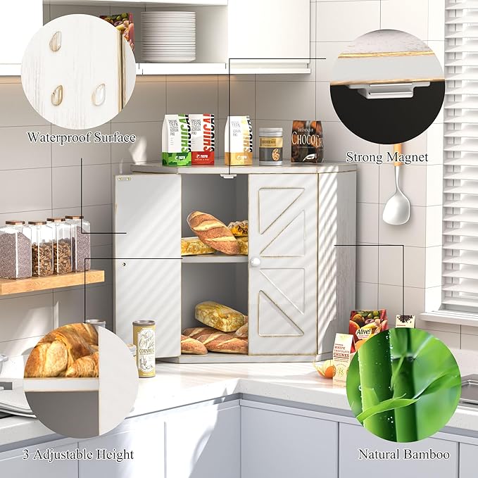 Corner Bread Box for Kitchen Countertop, Storage Container for Homemade Bread, Double Layer BreadBox, Large Capacity Bread Storage Bin, Vintage Farmhouse Breadbox Organizer,Antique White