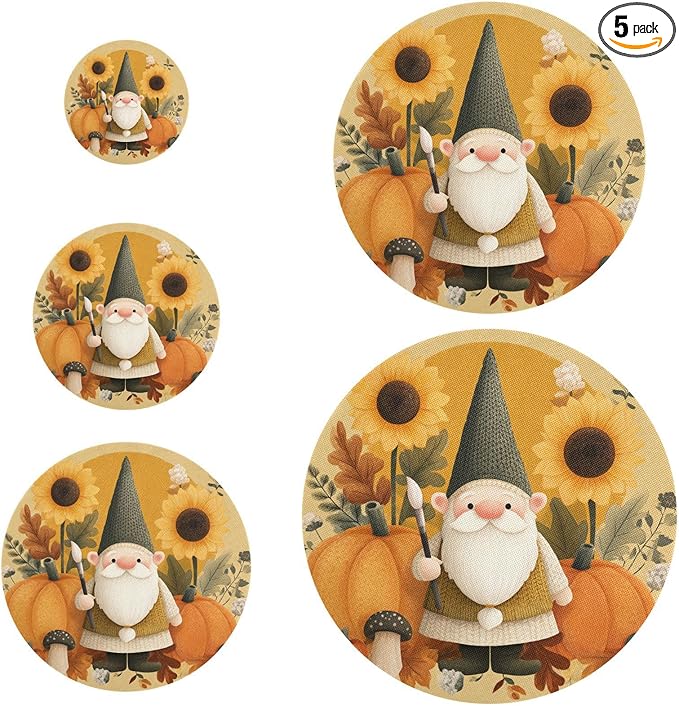 5 Pcs Bowl Covers Reusable in 5 Size Elastic Food Cover Cloth Lids Fresh Keeping Dish Cookware Bakeware Fabric Covers Lids for Food Leftovers Fruits Storage Fall Gnome Pumkin Sunflowers Tha