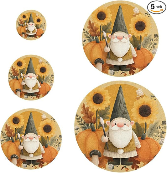 5 Pcs Bowl Covers Reusable in 5 Size Elastic Food Cover Cloth Lids Fresh Keeping Dish Cookware Bakeware Fabric Covers Lids for Food Leftovers Fruits Storage Fall Gnome Pumkin Sunflowers Tha