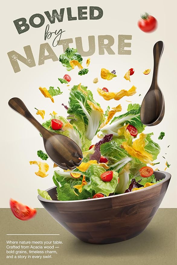 Acacia Wood Salad Bowl Set with Spoon, Fork - Large Salad Bowl with Serving Utensils - Big Mixing Bowl (12.2" Diameter x 4.75" Height) (Walnut Color)