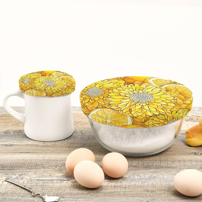 5 Pcs Bowl Covers Reusable in 5 Size Elastic Food Cover Cloth Lids Fresh Keeping Dish Cookware Bakeware Fabric Covers Lids for Food Leftovers Fruits Storage Cartoon Yellow Chrysanthemum Flo