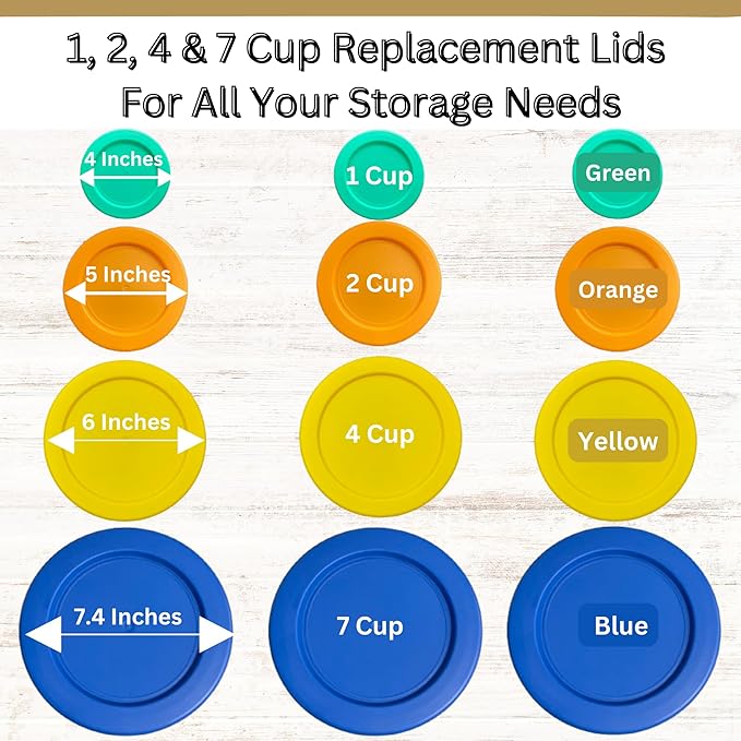 1, 2, 4 & 7 Cup Green, Orange, Yellow, Blue Replacement Lids/Covers for Pyrex, Anchor Hocking & KlareWare Storage Bowls *Lids Only Glass Container Not Included* (12 Pack *Three of Each Size*)