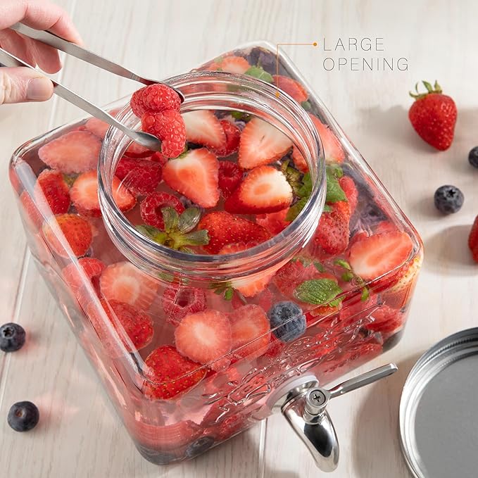 MosJos Glass Drink Dispenser for Fridge - Stainless Steel Spigot Mason Jar Dispenser with Wide Opening & Easy-Fill - Beverage Storage for Outdoor, Water, Iced Tea, Juice, Sangria & Detergent, 1 GALLON