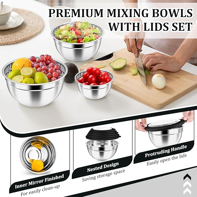 P&P CHEF Mixing Bowls with Visible Airtight Lids Set of 5, 10-Piece Stainless Steel Mixing Nesting Bowl, Metal Bowl with Lid for Kitchen Prepping & Storing, Size 4.6, 3, 1.5, 1, 0.7 QT, Black