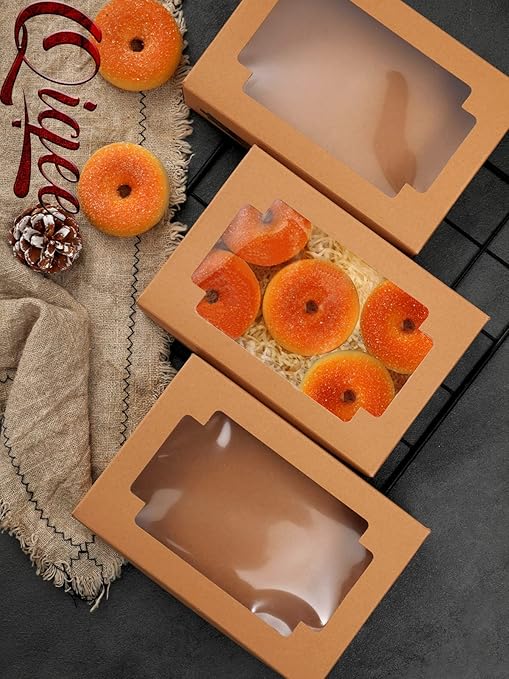 qiqee 50Packs Auto-pop up Kraft Cookie Boxes for Gift Giving 8x5.3x2 inch Brown Treat Box with Window One Second Folding Bakery Box for Donuts Candies and Biscuit