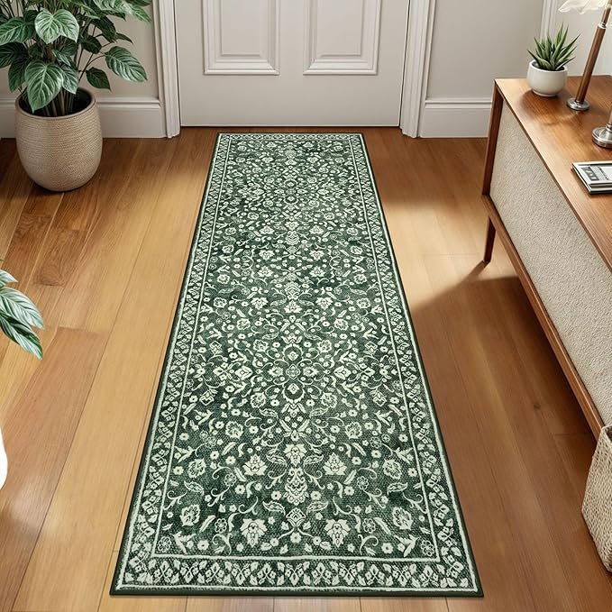Vintage 2x7 Runner Rug, Forest Green Washable Runners for hallways, Super Soft Kitchen Runner Rug Non Slip, Print Faux Wool Floral Thin Carpet Runner for Entryway Indoor Bedside Runner