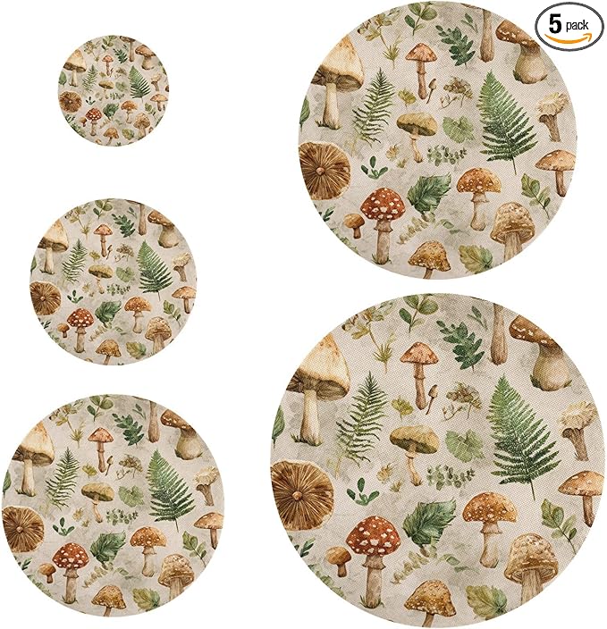 5 Pcs Bowl Covers Reusable in 5 Size Elastic Food Cover Cloth Lids Fresh Keeping Dish Cookware Bakeware Fabric Covers Lids for Food Leftovers Fruits Storage Watercolor Mushrooms Leaves Beige