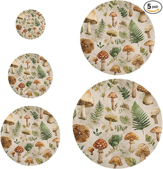 5 Pcs Bowl Covers Reusable in 5 Size Elastic Food Cover Cloth Lids Fresh Keeping Dish Cookware Bakeware Fabric Covers Lids for Food Leftovers Fruits Storage Watercolor Mushrooms Leaves Beige