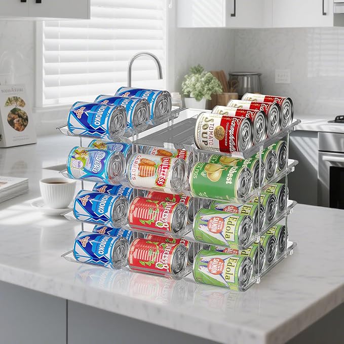 cjc 3 Sets 4 Tiers Can Organizer for Pantry, Holds 48 Cans Clear Stackable Can Organizer for Fridge, Soda Pantry Organizers and Storage Auto-Rolling & Free Combination for Countertop Kitchen Cabinet