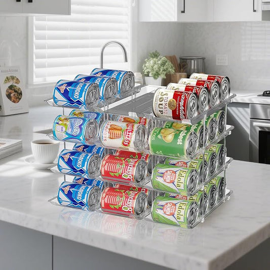 cjc 3 Sets 4 Tiers Can Organizer for Pantry, Holds 48 Cans Clear Stackable Can Organizer for Fridge, Soda Pantry Organizers and Storage Auto-Rolling & Free Combination for Countertop Kitchen Cabinet