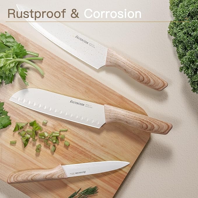 Astercook Knife Set, 13 Pieces Kitchen Knives Set with Ceramic Coating, Stainless Steel Chef Knife Sets with 6 Blade Guards, Dishwasher Safe Sashimi Knives For Fish with Wooden Handle, White