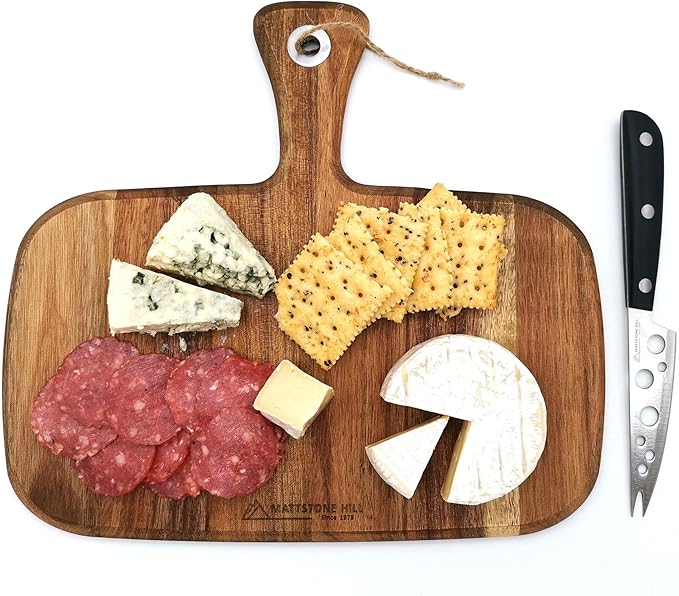 Cheese Knife Set - MATTSTONE HILL Cheese Knife & Acacia Cheese Board Set, Soft & Semi Hard Cheese Knife, Cutting Board, Charcuterie Board, Wood Serving Platter